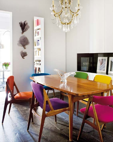 different types of chairs around dining table